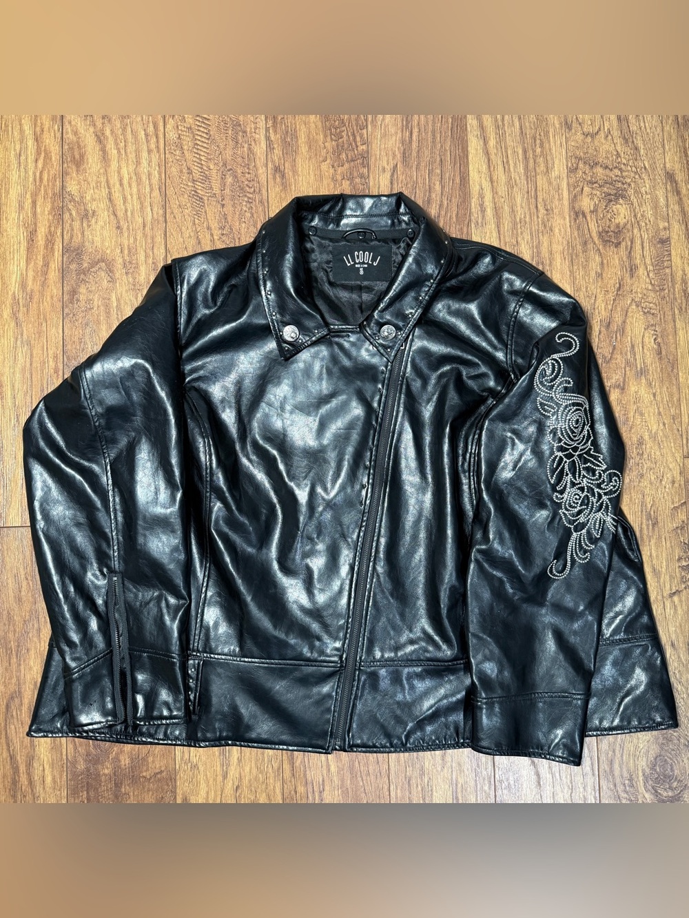 Y2K LL Cool J Black Faux Leather Embroidered Oversized Biker Jacket Wome’s 3X